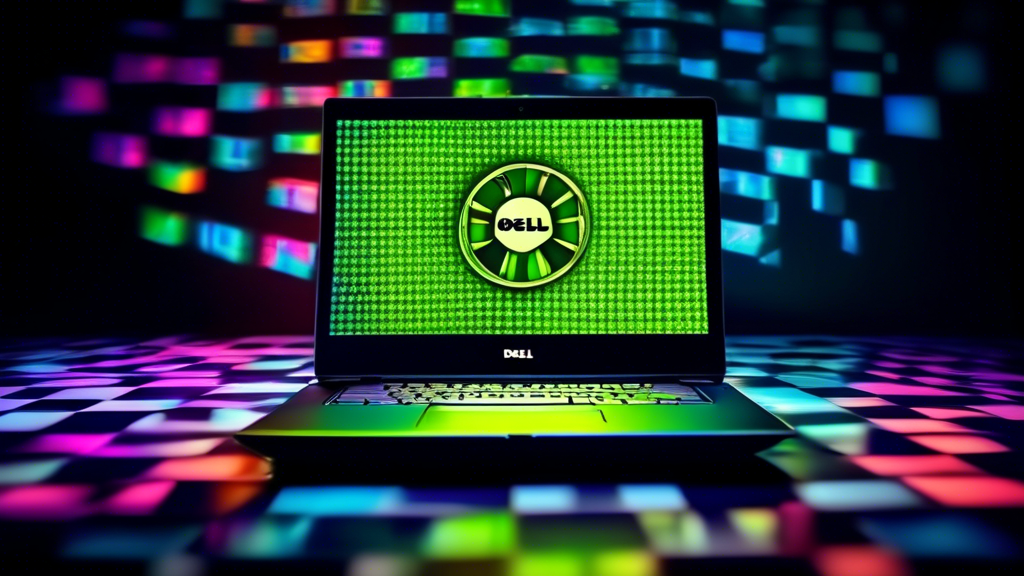 A Dell laptop with an Nvidia logo glowing brightly, levitating above a chessboard with AI neural network patterns reflected in its screen.