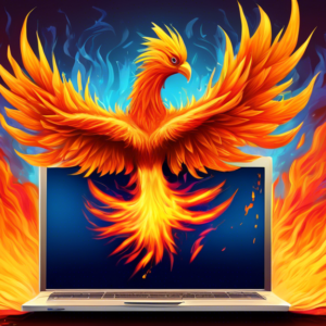 A phoenix rising from a burning laptop with the Microsoft Windows logo emblazoned on its chest.