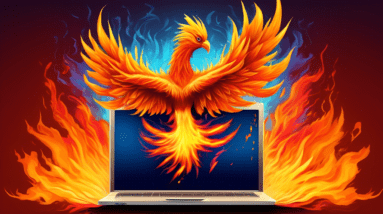 A phoenix rising from a burning laptop with the Microsoft Windows logo emblazoned on its chest.