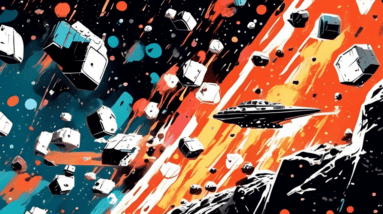 A lone smuggler pilots a beat-up freighter through an asteroid field, evading Imperial TIE fighters.