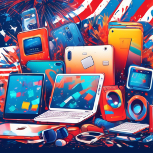 A chaotic pile of discounted tech gadgets with an Amazon logo amidst a flurry of American flags and fireworks.