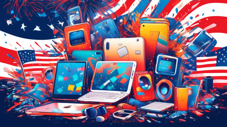 A chaotic pile of discounted tech gadgets with an Amazon logo amidst a flurry of American flags and fireworks.