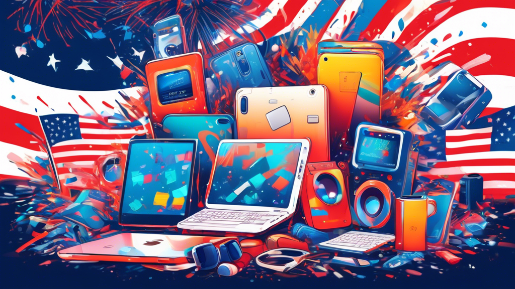 A chaotic pile of discounted tech gadgets with an Amazon logo amidst a flurry of American flags and fireworks.