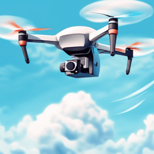A drone flying through a blue sky with white clouds