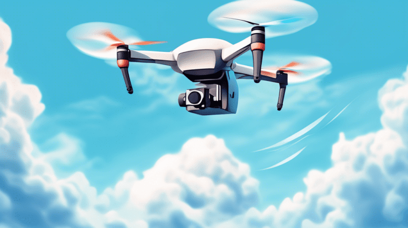 A drone flying through a blue sky with white clouds