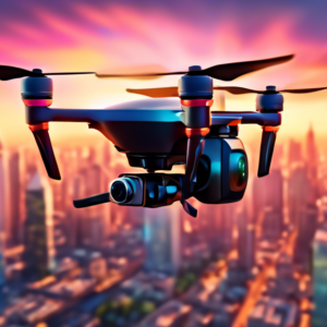 A photorealistic image of a sleek and modern drone hovering in a vibrant city skyline at sunset, with its camera pointed down towards the bustling streets below.