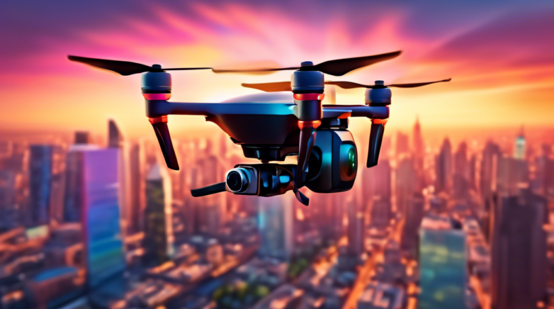 A photorealistic image of a sleek and modern drone hovering in a vibrant city skyline at sunset, with its camera pointed down towards the bustling streets below.