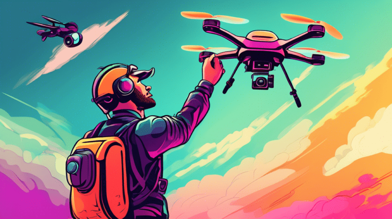 A drone pilot holding a remote control, looking up at a drone flying very far away.