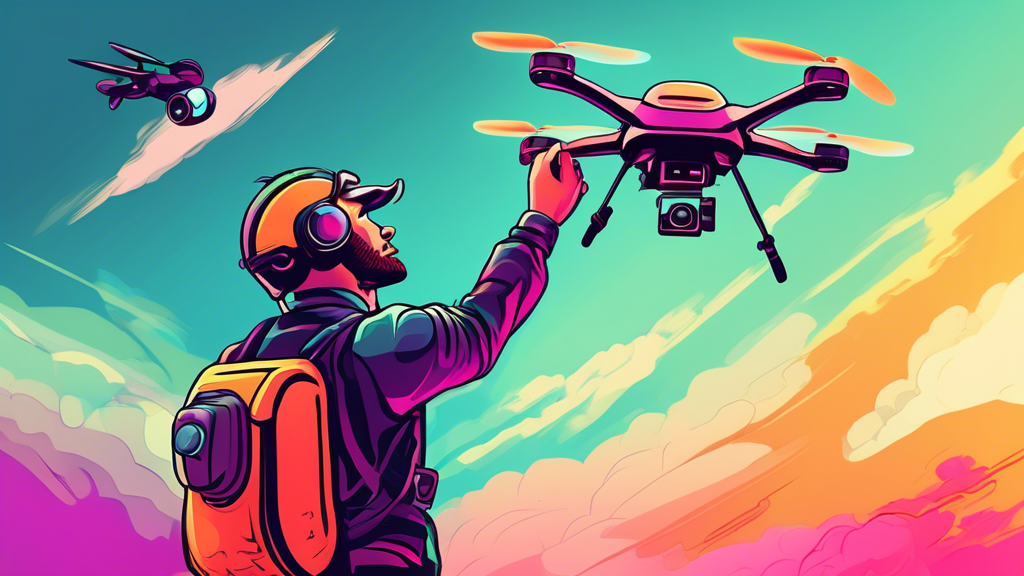 A drone pilot holding a remote control, looking up at a drone flying very far away.