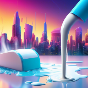A Dyson cordless stick mop cleaning up spilled milk with a futuristic cityscape in the background.