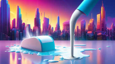 A Dyson cordless stick mop cleaning up spilled milk with a futuristic cityscape in the background.