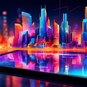 A futuristic tablet with a vibrant OLED screen showcasing a bustling cityscape reflected on its surface, powered by a Qualcomm Snapdragon processor logo subtly overlaid.