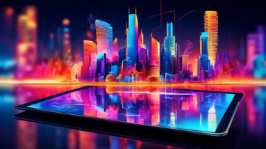 A futuristic tablet with a vibrant OLED screen showcasing a bustling cityscape reflected on its surface, powered by a Qualcomm Snapdragon processor logo subtly overlaid.