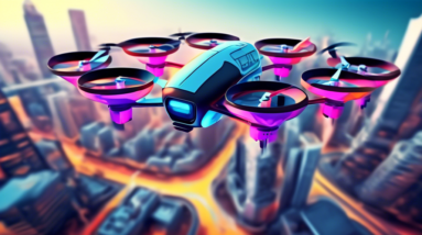 A futuristic drone flying over a cityscape