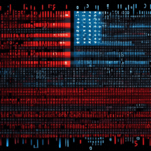 A cracked American flag made of binary code with thousands of glowing usernames and passwords leaking out of the cracks.