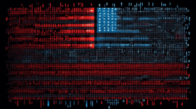 A cracked American flag made of binary code with thousands of glowing usernames and passwords leaking out of the cracks.