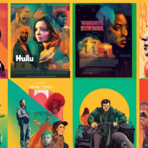 A collage of four different movie posters, with each poster depicting characters and scenes from acclaimed films recently added to Hulu