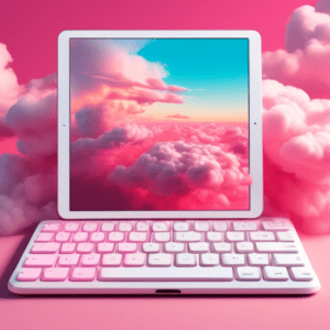 A white iPad Pro with a Magic Keyboard levitating in a surreal pink cloudscape with oversized colorful computer keys floating around it.