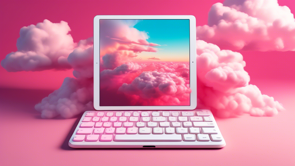 A white iPad Pro with a Magic Keyboard levitating in a surreal pink cloudscape with oversized colorful computer keys floating around it.