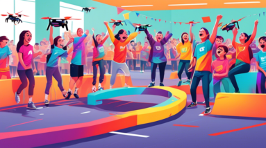 A group of students and educators in Fresno, California cheer as colorful racing drones fly through an obstacle course at an indoor stadium.