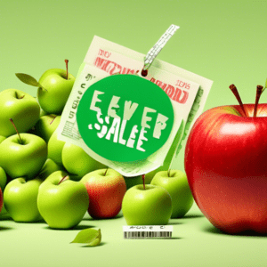 A red apple with a price tag showing a record-low price surrounded by eleven smaller green apples with Memorial Day sale tags.