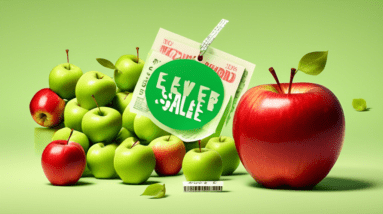 A red apple with a price tag showing a record-low price surrounded by eleven smaller green apples with Memorial Day sale tags.