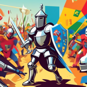 A Google knight with a Chrome shield battling a wounded Microsoft knight with a Windows logo shield, while a crowd of users is being lured away with Google discount coupons.