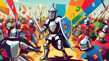 A Google knight with a Chrome shield battling a wounded Microsoft knight with a Windows logo shield, while a crowd of users is being lured away with Google discount coupons.