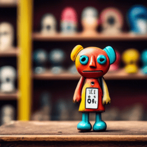 A sad anthropomorphic AI pin with an underwhelming price tag sits on a dusty shelf in an empty antique shop.