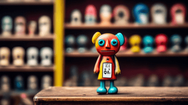 A sad anthropomorphic AI pin with an underwhelming price tag sits on a dusty shelf in an empty antique shop.