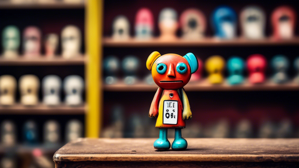 A sad anthropomorphic AI pin with an underwhelming price tag sits on a dusty shelf in an empty antique shop.