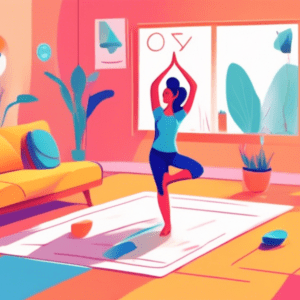 A person doing yoga in their living room, struggling to hold a pose, while a Google AI assistant hovers nearby giving unhelpful advice.