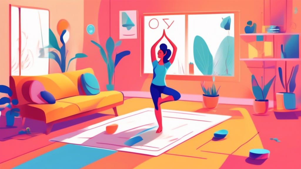 A person doing yoga in their living room, struggling to hold a pose, while a Google AI assistant hovers nearby giving unhelpful advice.