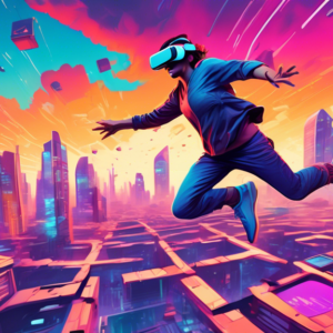 A person wearing a VR headset leaps across futuristic rooftops with a cityscape sprawling behind them.