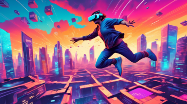 A person wearing a VR headset leaps across futuristic rooftops with a cityscape sprawling behind them.