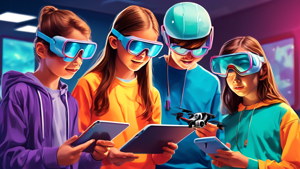 A group of middle school students wearing safety goggles uses a tablet to code a drone mid-flight indoors.