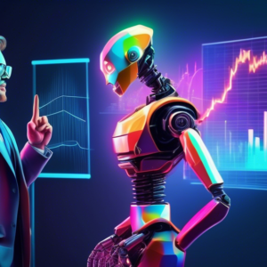 A robotic arm in a business suit pointing at a holographic stock chart with a surprised human investor in the background.