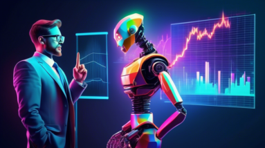 A robotic arm in a business suit pointing at a holographic stock chart with a surprised human investor in the background.