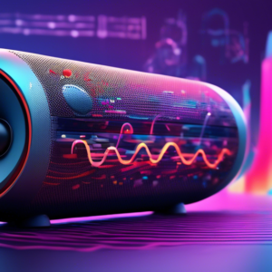 A futuristic pill-shaped Bluetooth speaker blasting colorful sound waves, surrounded by technical specs and diagrams, with the words Beats Pill prominently displayed.