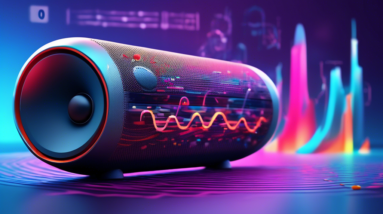 A futuristic pill-shaped Bluetooth speaker blasting colorful sound waves, surrounded by technical specs and diagrams, with the words Beats Pill prominently displayed.