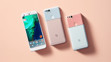 Three Google Pixel 9 smartphones arranged side-by-side, with a confidential stamp partially obscuring the screens.