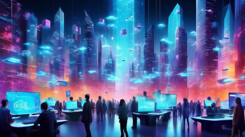 A futuristic cityscape filled with glowing Dell logos, laptops streaming live data, and crowds of people interacting with holographic projections of new technology.