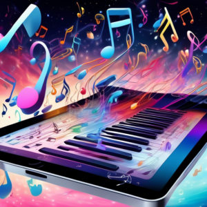 A futuristic iPad floating in space with a swirling galaxy of music notes emanating from Logic Pro's interface, a robotic hand conducting the notes.