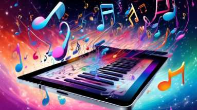 A futuristic iPad floating in space with a swirling galaxy of music notes emanating from Logic Pro's interface, a robotic hand conducting the notes.