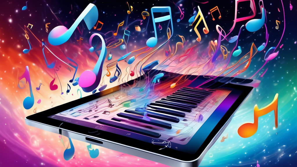 A futuristic iPad floating in space with a swirling galaxy of music notes emanating from Logic Pro's interface, a robotic hand conducting the notes.