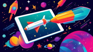 An iPad Air floating in space with a rocket shaped like a $200 bill flying towards it.