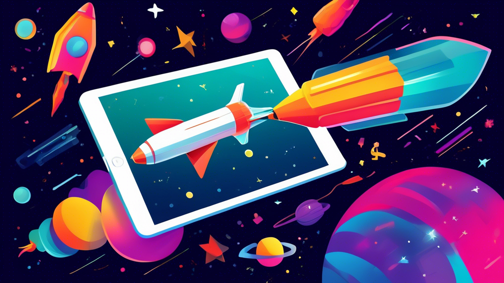 An iPad Air floating in space with a rocket shaped like a $200 bill flying towards it.