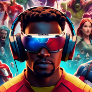 A cinematic trailer showcasing a person wearing the Apple Vision Pro headset being immersed in a 3D Marvel comic book world with iconic heroes and villains surrounding them.