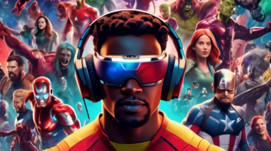 A cinematic trailer showcasing a person wearing the Apple Vision Pro headset being immersed in a 3D Marvel comic book world with iconic heroes and villains surrounding them.