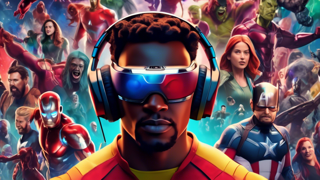 A cinematic trailer showcasing a person wearing the Apple Vision Pro headset being immersed in a 3D Marvel comic book world with iconic heroes and villains surrounding them.